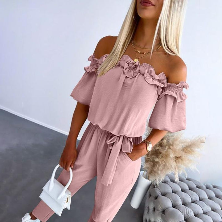 Damen Schulterfreier Rüschen-Jumpsuit Bindeband Taille - Pink