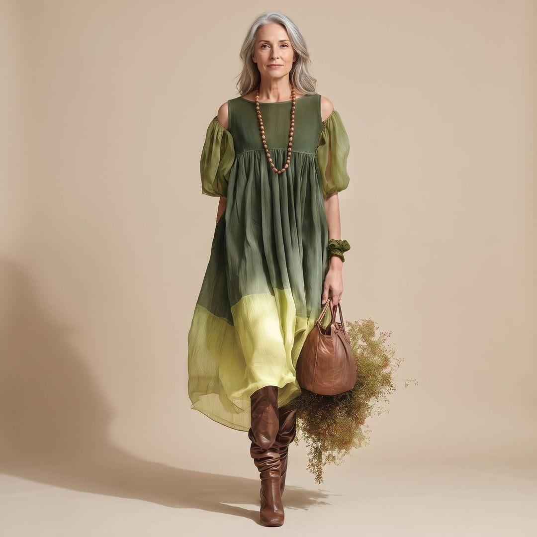Damen Schulterfreies Chiffon Midi-Kleid mit Puffärmeln - Grün