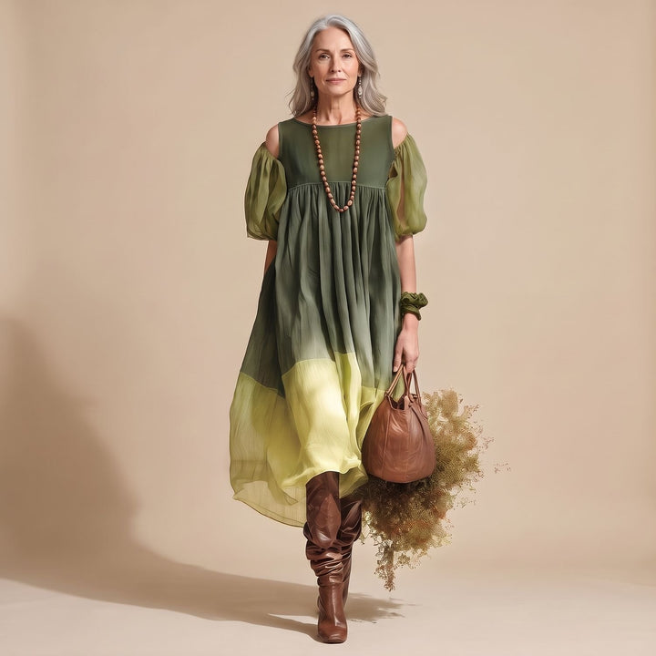 Damen Schulterfreies Chiffon Midi-Kleid mit Puffärmeln