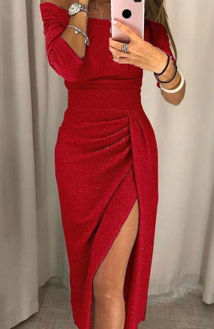Damen Schulterfreies Cocktailkleid Langarm Glitzer Bodycon - Rot
