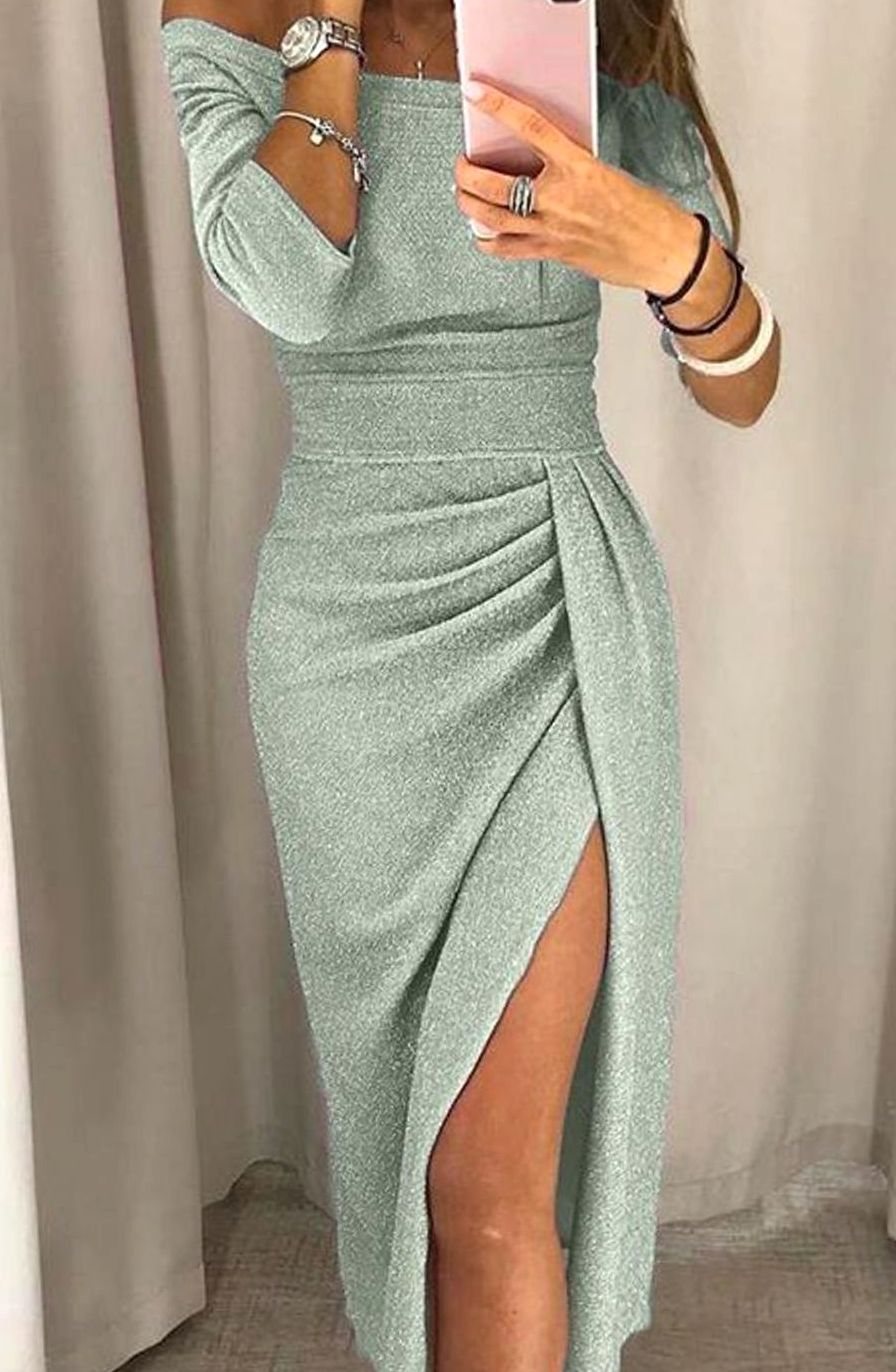 Damen Schulterfreies Cocktailkleid Langarm Glitzer Bodycon - Silbergrün