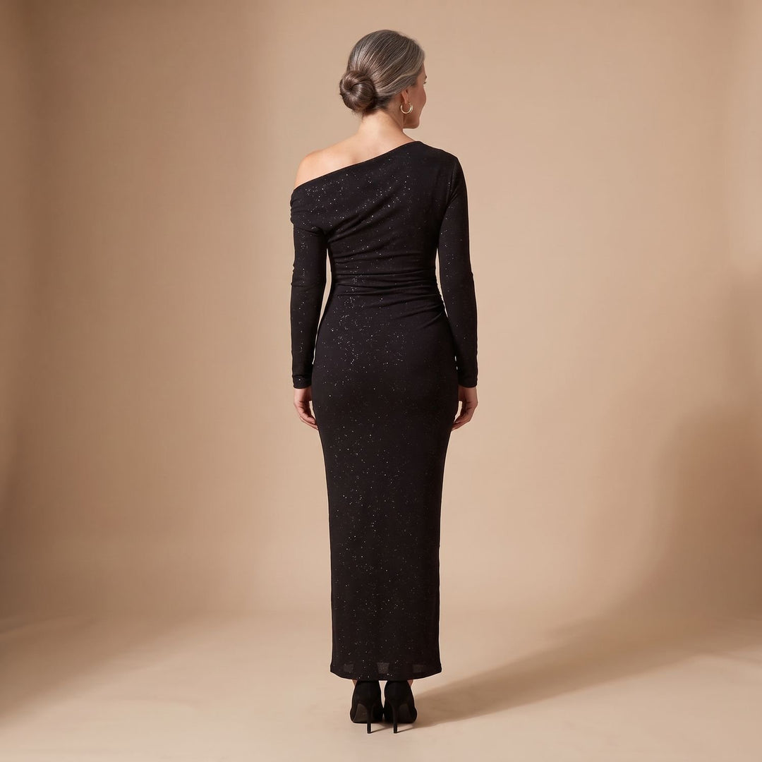 Damen Schulterfreies Glitzer Paillettenkleid Figurbetontes Maxi-Abendkleid