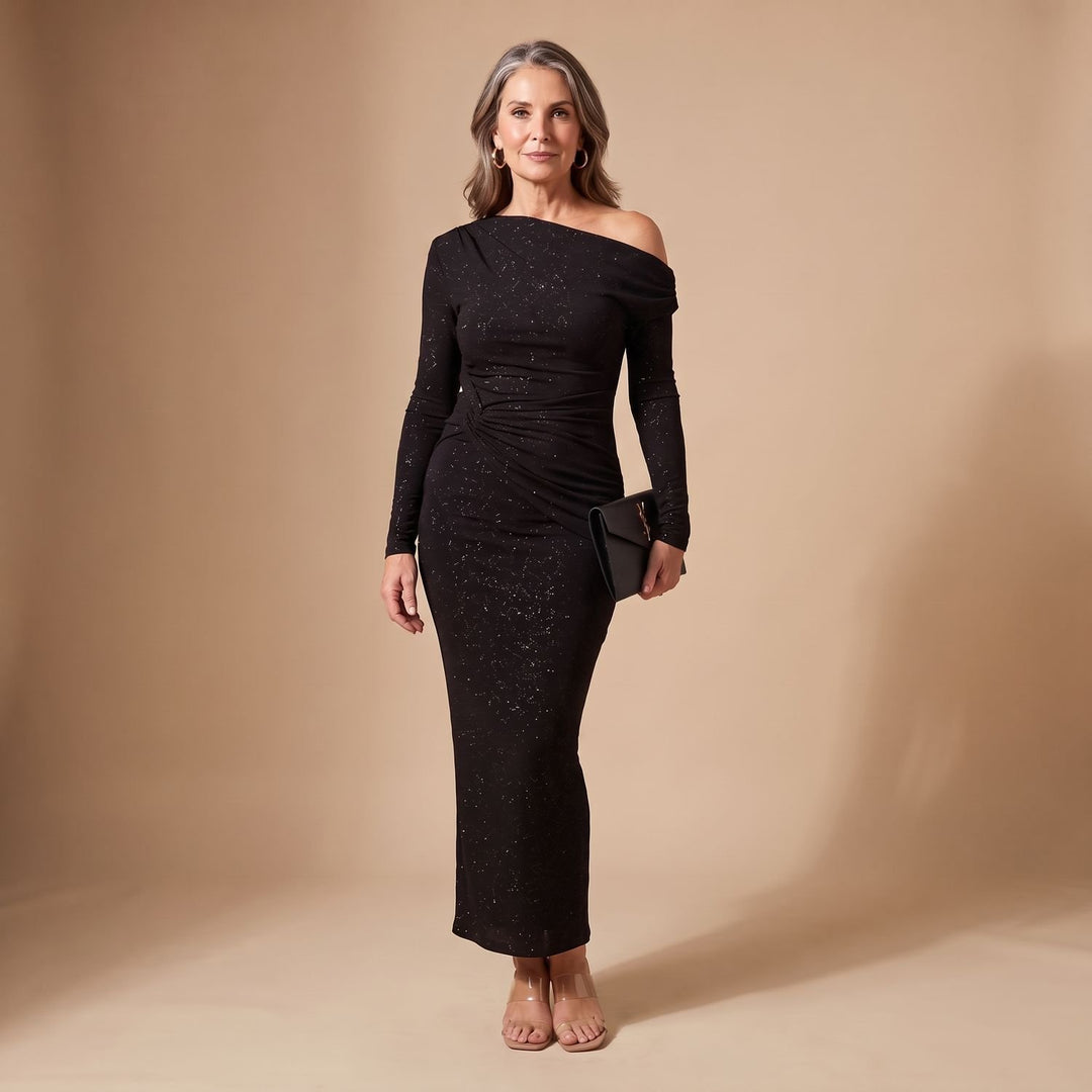 Damen Schulterfreies Glitzer Paillettenkleid Figurbetontes Maxi-Abendkleid