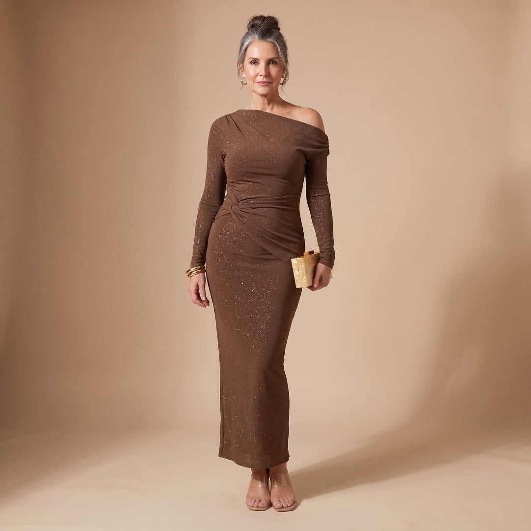 Damen Schulterfreies Glitzer Paillettenkleid Figurbetontes Maxi-Abendkleid