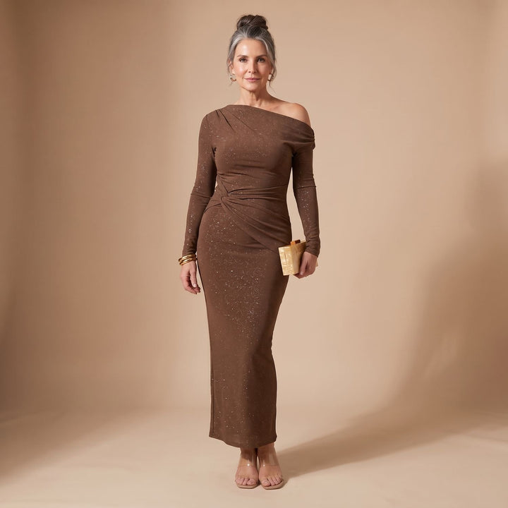 Damen Schulterfreies Glitzer Paillettenkleid Figurbetontes Maxi-Abendkleid