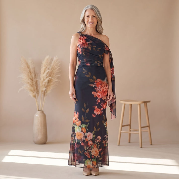 Damen Schulterfreies Kleid Geraffte Chiffon Maxi mit Blumenmuster - Schwarz