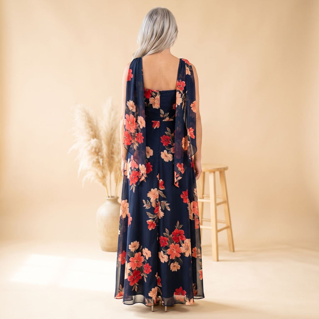 Damen Schulterfreies Kleid Geraffte Chiffon Maxi mit Blumenmuster