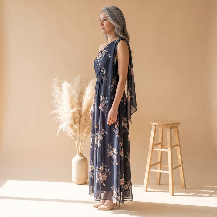 Damen Schulterfreies Kleid Geraffte Chiffon Maxi mit Blumenmuster