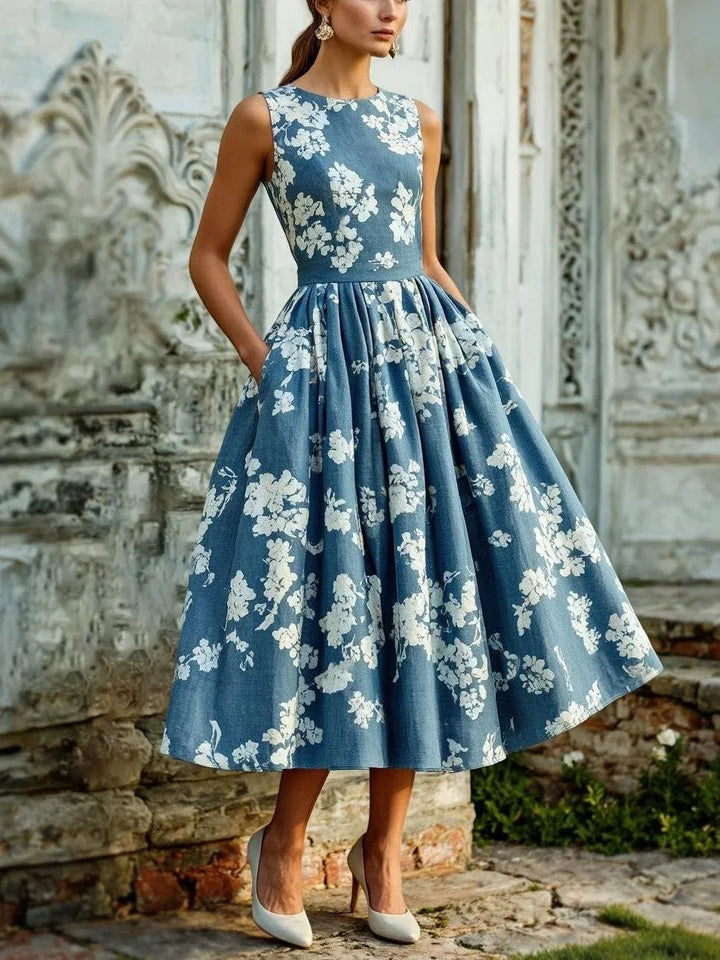 Damen Schulterfreies Leinen Midi-Kleid mit Blumenmuster - Blue