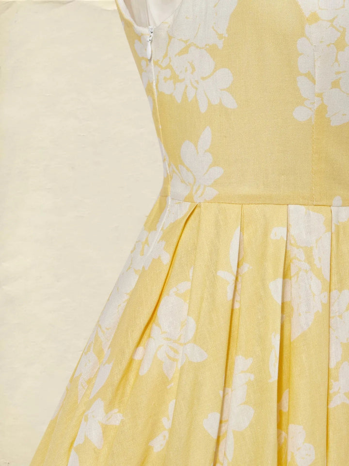 Damen Schulterfreies Leinen Midi-Kleid mit Blumenmuster