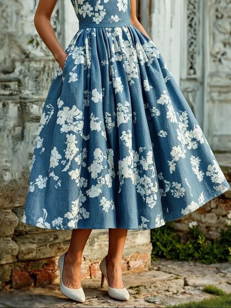 Damen Schulterfreies Leinen Midi-Kleid mit Blumenmuster