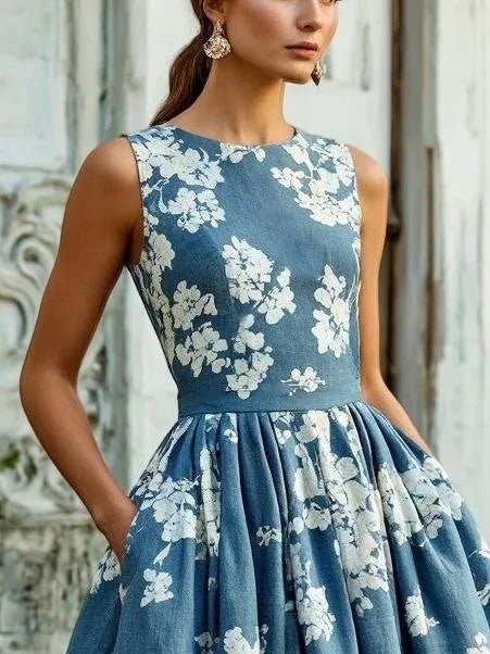 Damen Schulterfreies Leinen Midi-Kleid mit Blumenmuster