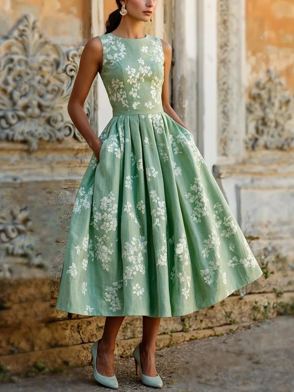 Damen Schulterfreies Leinen Midi-Kleid mit Blumenmuster - Green