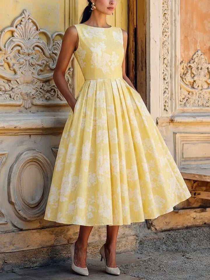 Damen Schulterfreies Leinen Midi-Kleid mit Blumenmuster - Yellow
