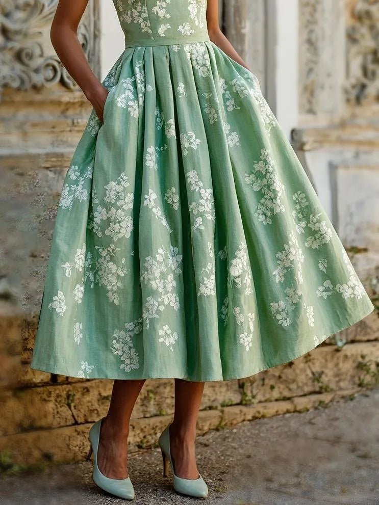 Damen Schulterfreies Leinen Midi-Kleid mit Blumenmuster