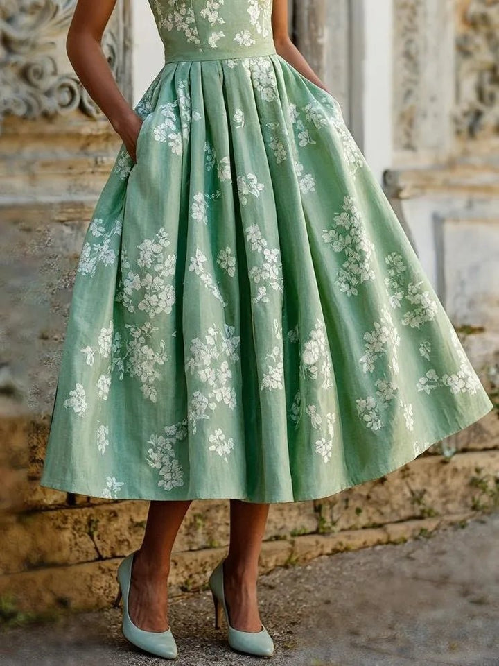 Damen Schulterfreies Leinen Midi-Kleid mit Blumenmuster