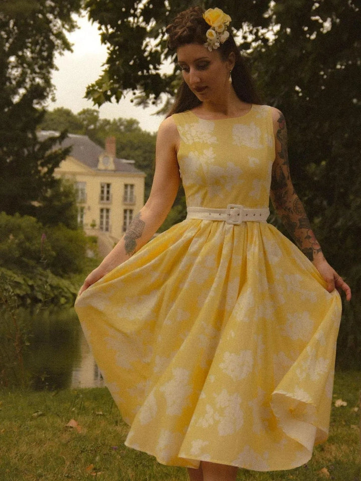 Damen Schulterfreies Leinen Midi-Kleid mit Blumenmuster