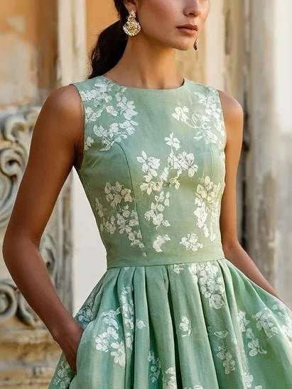 Damen Schulterfreies Leinen Midi-Kleid mit Blumenmuster