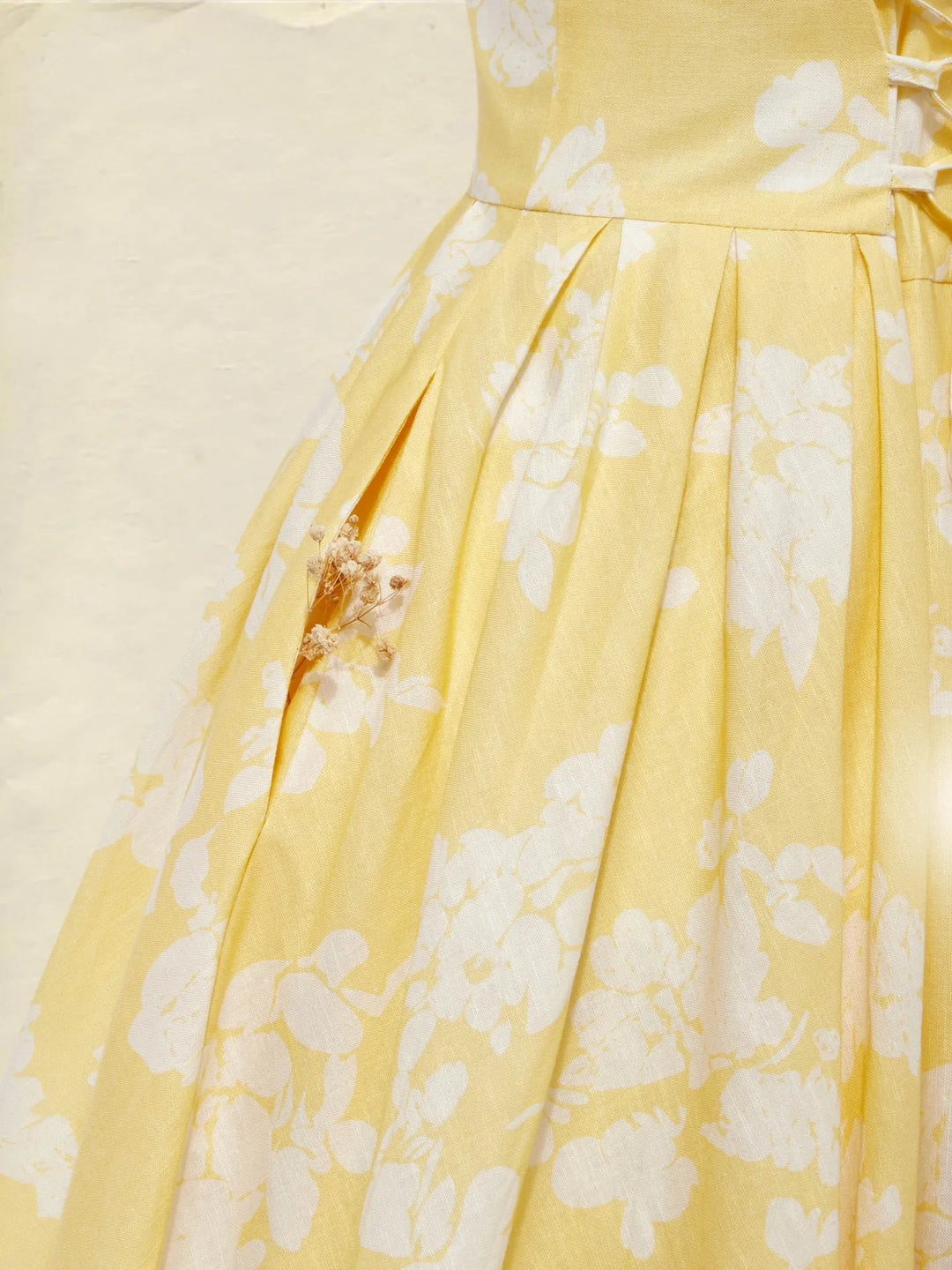 Damen Schulterfreies Leinen Midi-Kleid mit Blumenmuster