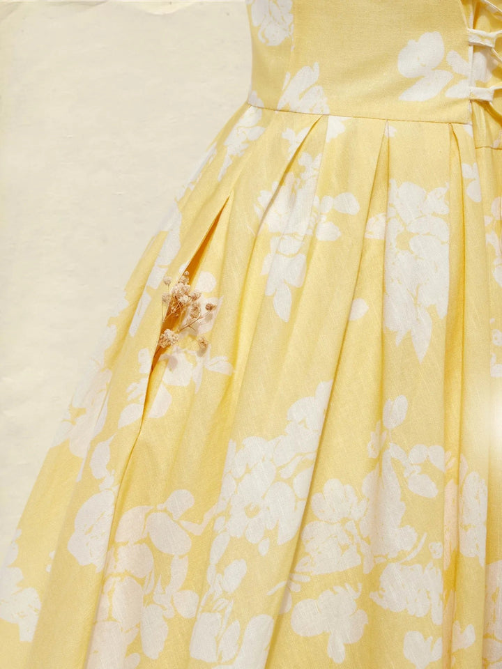 Damen Schulterfreies Leinen Midi-Kleid mit Blumenmuster