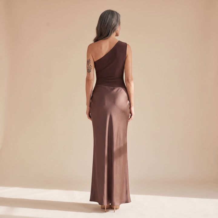 Damen Schulterfreies Satin Maxi Abendkleid Asymmetrischer Ausschnitt