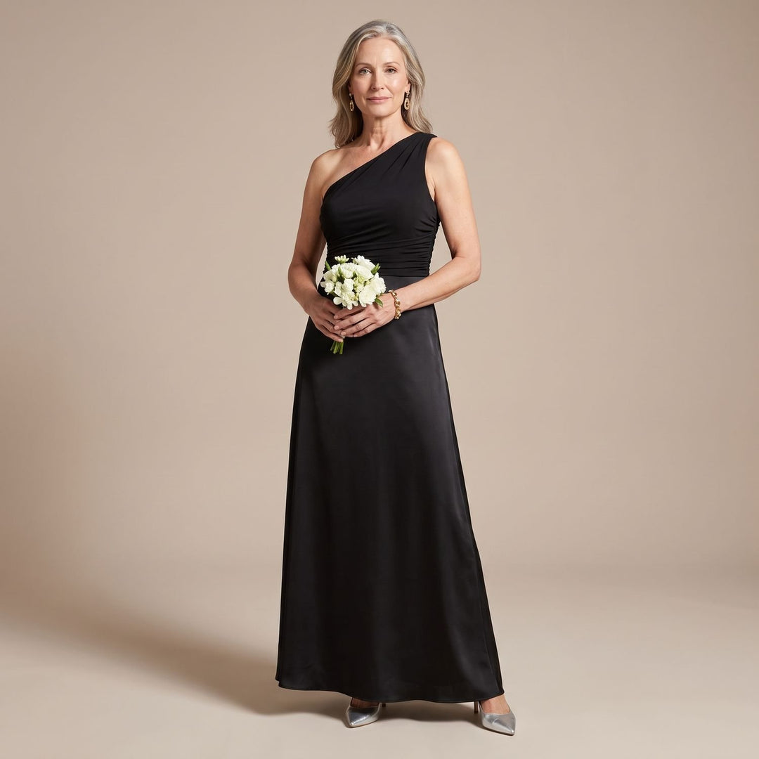 Damen Schulterfreies Satin Maxi Abendkleid Asymmetrischer Ausschnitt - Schwarz