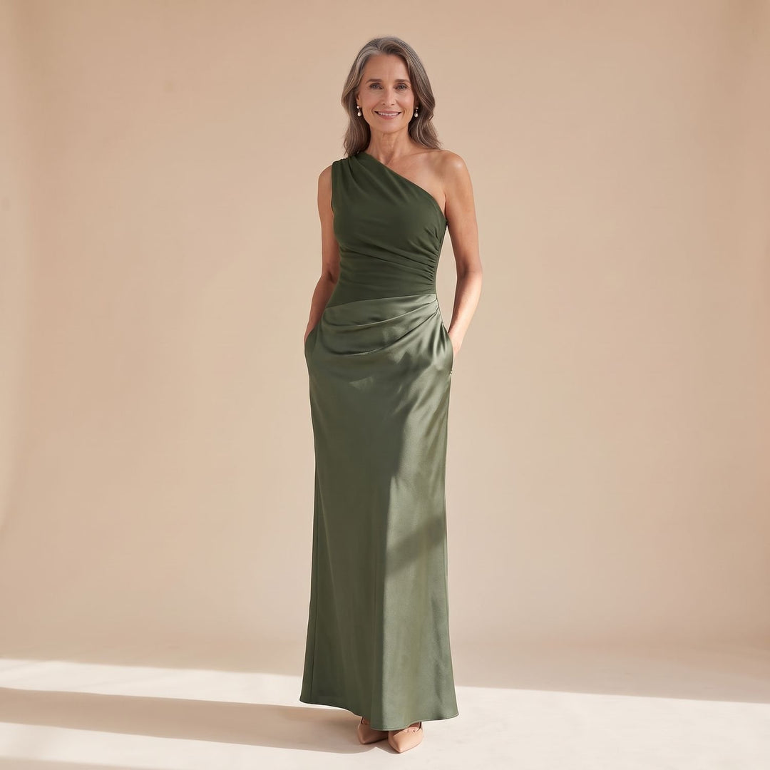 Damen Schulterfreies Satin Maxi Abendkleid Asymmetrischer Ausschnitt - Grün