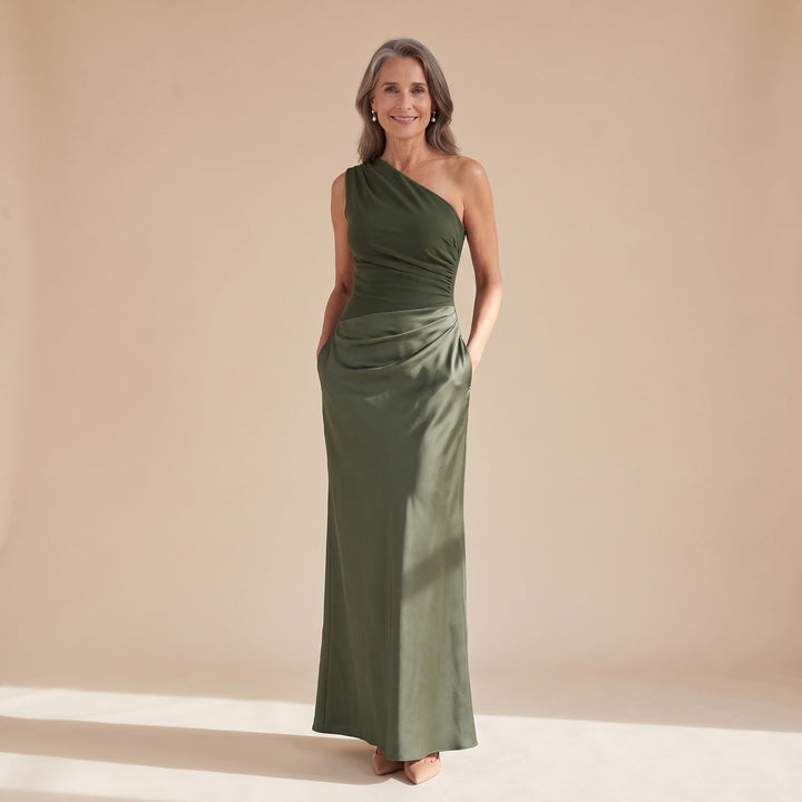 Damen Schulterfreies Satin Maxi Abendkleid Asymmetrischer Ausschnitt - Grün