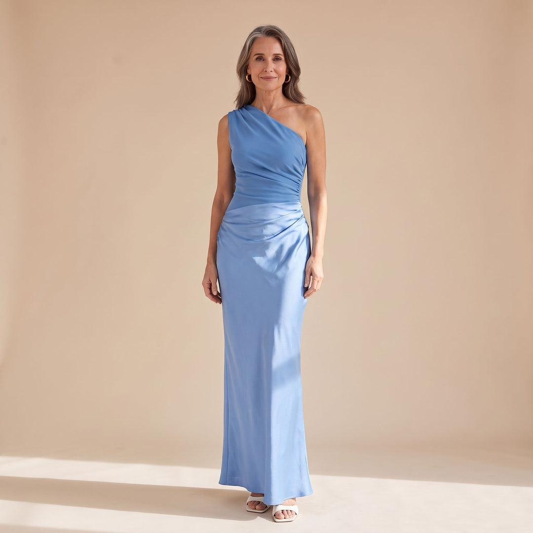 Damen Schulterfreies Satin Maxi Abendkleid Asymmetrischer Ausschnitt - Blau