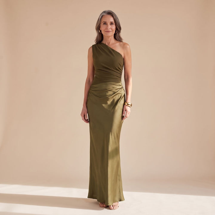 Damen Schulterfreies Satin Maxi Abendkleid Asymmetrischer Ausschnitt - Olivgrün