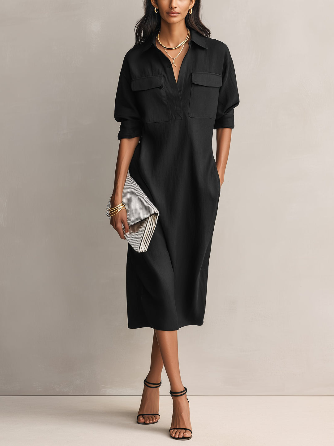 Damen Schwarzes Leinen Hemdkleid V-Ausschnitt Midi