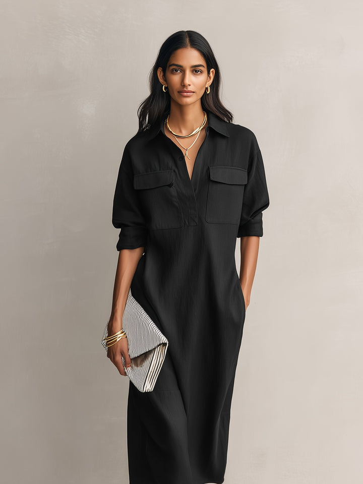 Damen Schwarzes Leinen Hemdkleid V-Ausschnitt Midi