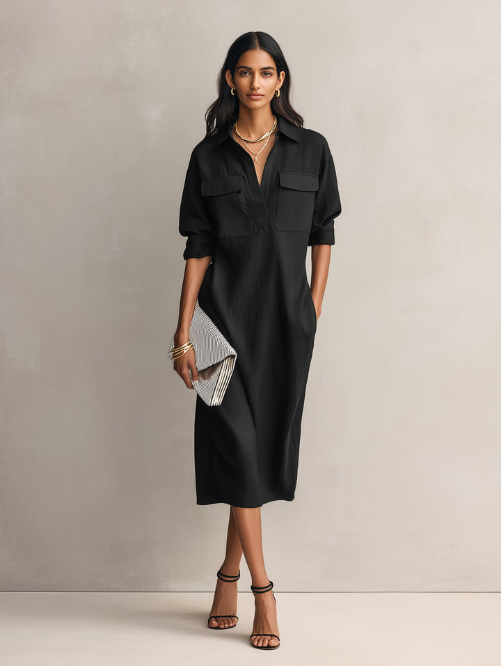 Damen Schwarzes Leinen Hemdkleid V-Ausschnitt Midi
