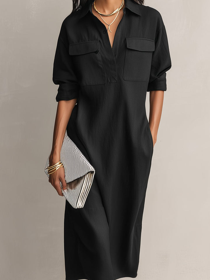Damen Schwarzes Leinen Hemdkleid V-Ausschnitt Midi