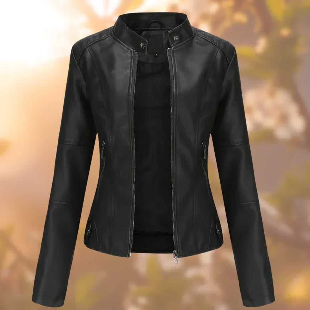 Damen Slim-Fit Bikerjacke Kunstleder Reißverschluss Stehkragen - Schwarz