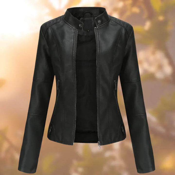 Damen Slim-Fit Bikerjacke Kunstleder Reißverschluss Stehkragen - Schwarz