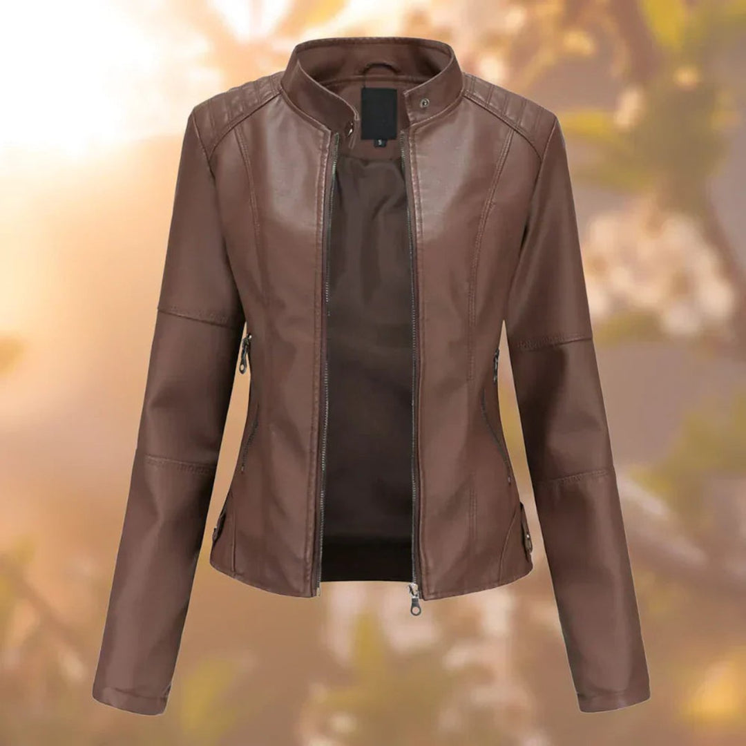 Damen Slim-Fit Bikerjacke Kunstleder Reißverschluss Stehkragen - Dunkelbraun