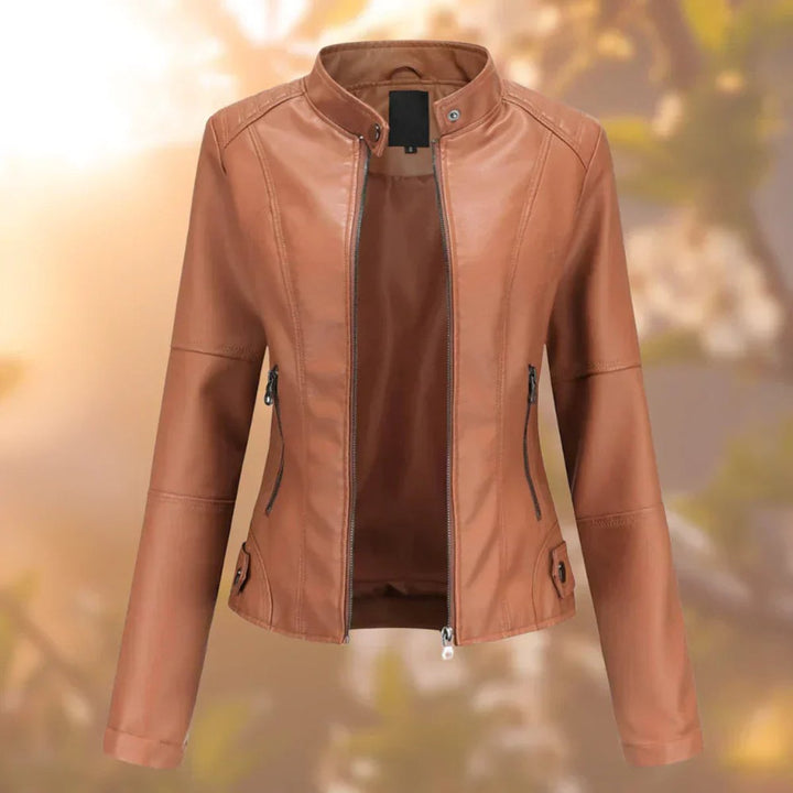 Damen Slim-Fit Bikerjacke Kunstleder Reißverschluss Stehkragen - Braun