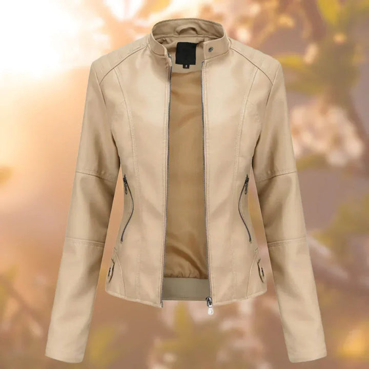 Damen Slim-Fit Bikerjacke Kunstleder Reißverschluss Stehkragen - Beige