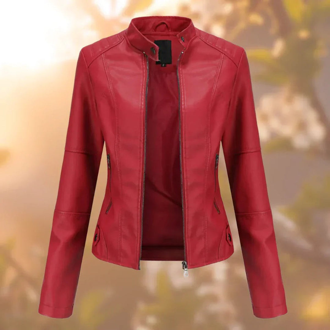 Damen Slim-Fit Bikerjacke Kunstleder Reißverschluss Stehkragen - Rot