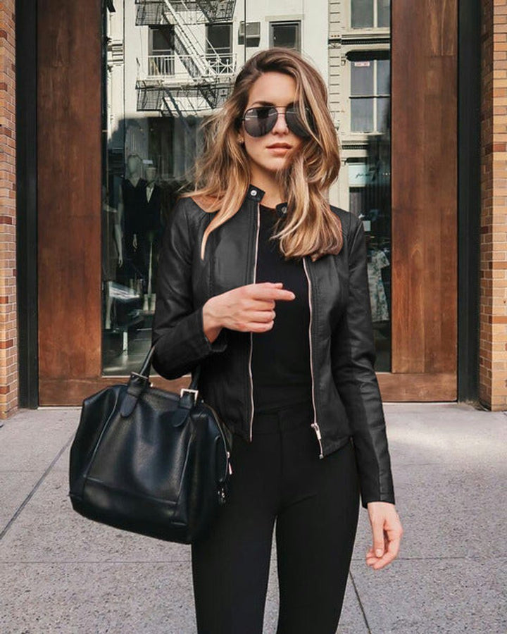 Damen Slim-Fit Kunstleder Bikerjacke mit Reißverschluss - Schwarz