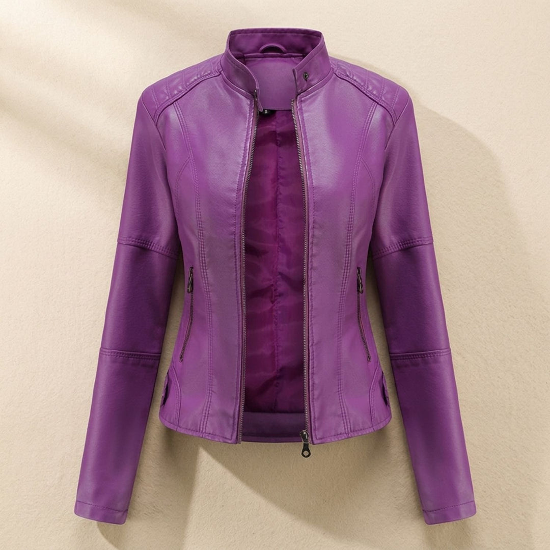 Damen Slim-Fit Kunstleder-Bikerjacke mit Reißverschluss - Violett