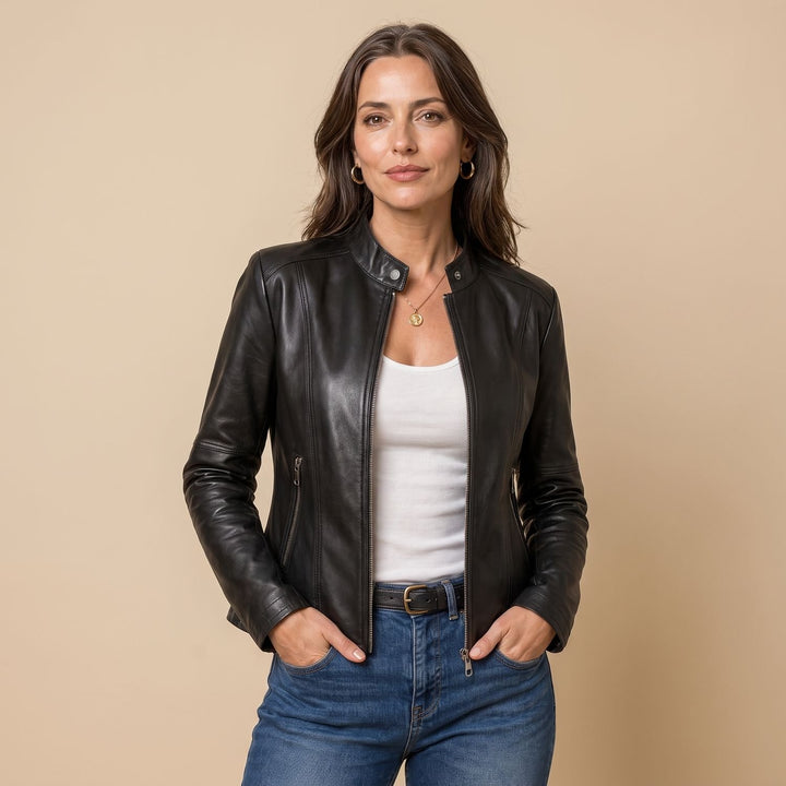 Damen Slim-Fit Kunstleder-Bikerjacke mit Reißverschluss