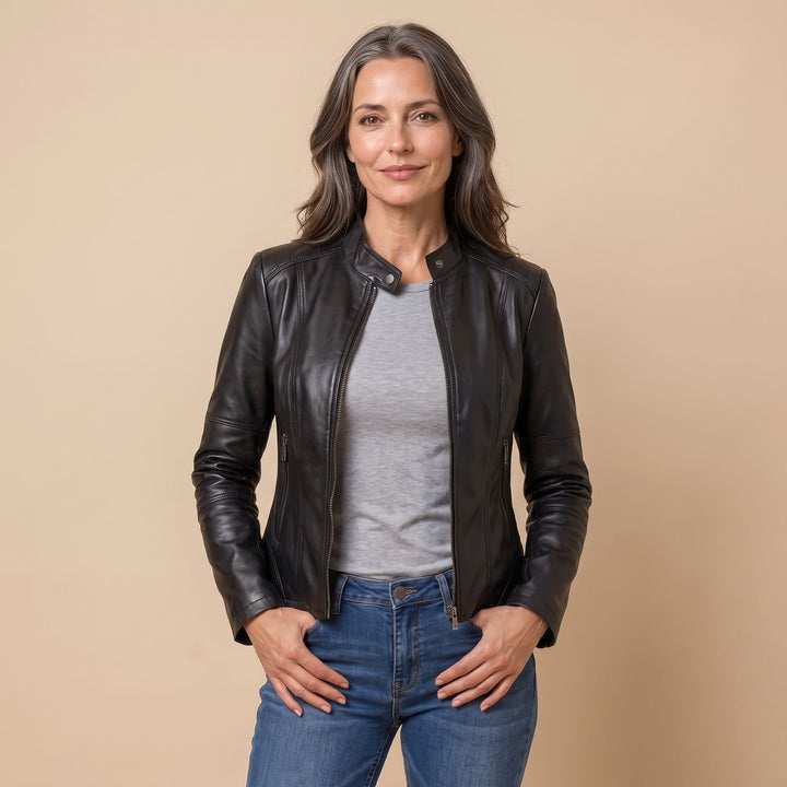 Damen Slim-Fit Kunstleder-Bikerjacke mit Reißverschluss