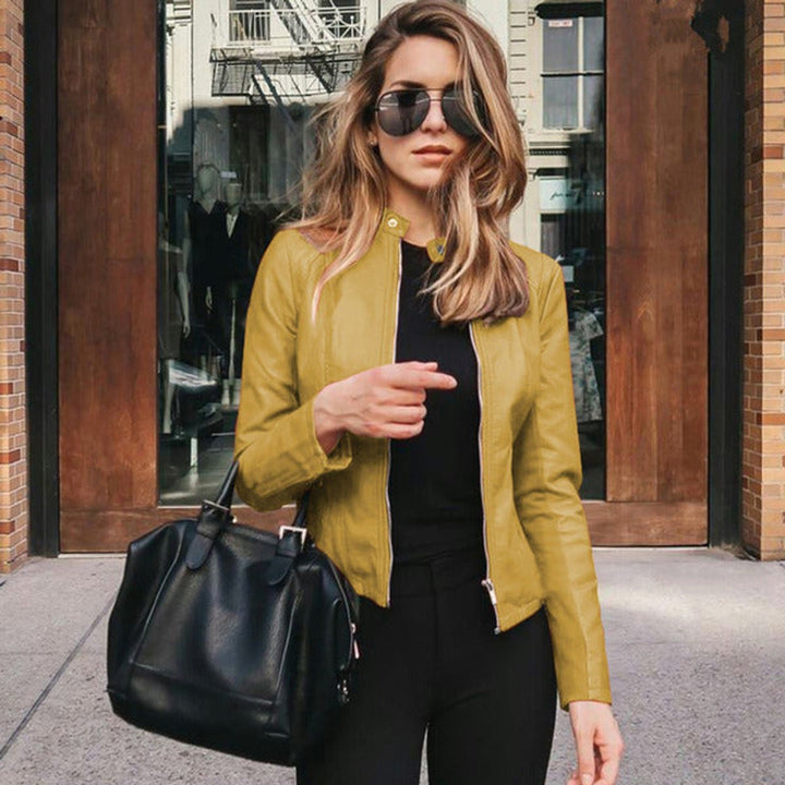 Damen Slim-Fit Kunstleder Bikerjacke mit Reißverschluss - Gelb