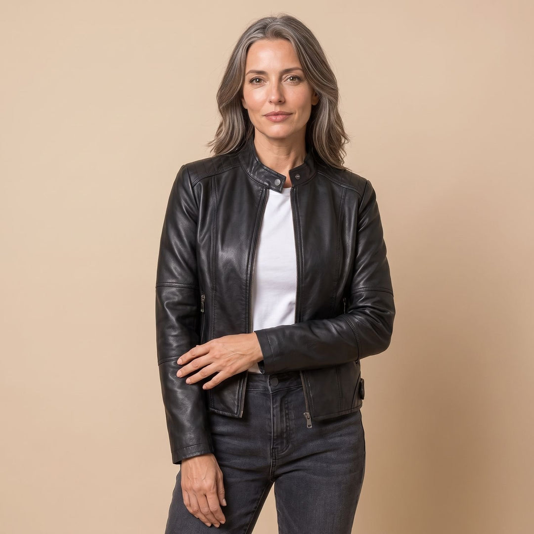 Damen Slim-Fit Kunstleder-Bikerjacke mit Reißverschluss