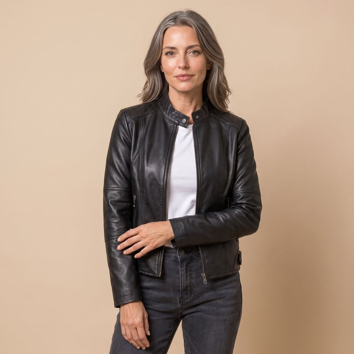 Damen Slim-Fit Kunstleder-Bikerjacke mit Reißverschluss