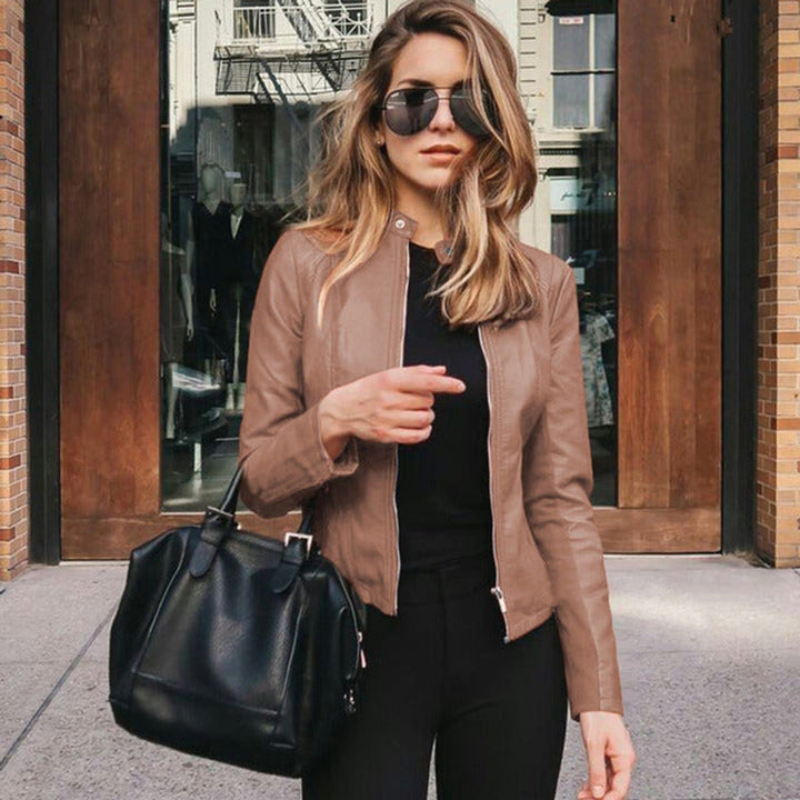 Damen Slim-Fit Kunstleder Bikerjacke mit Reißverschluss - Khaki