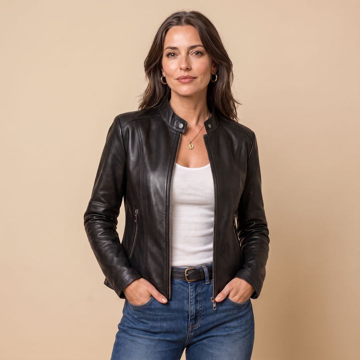Damen Slim-Fit Kunstleder-Bikerjacke mit Reißverschluss