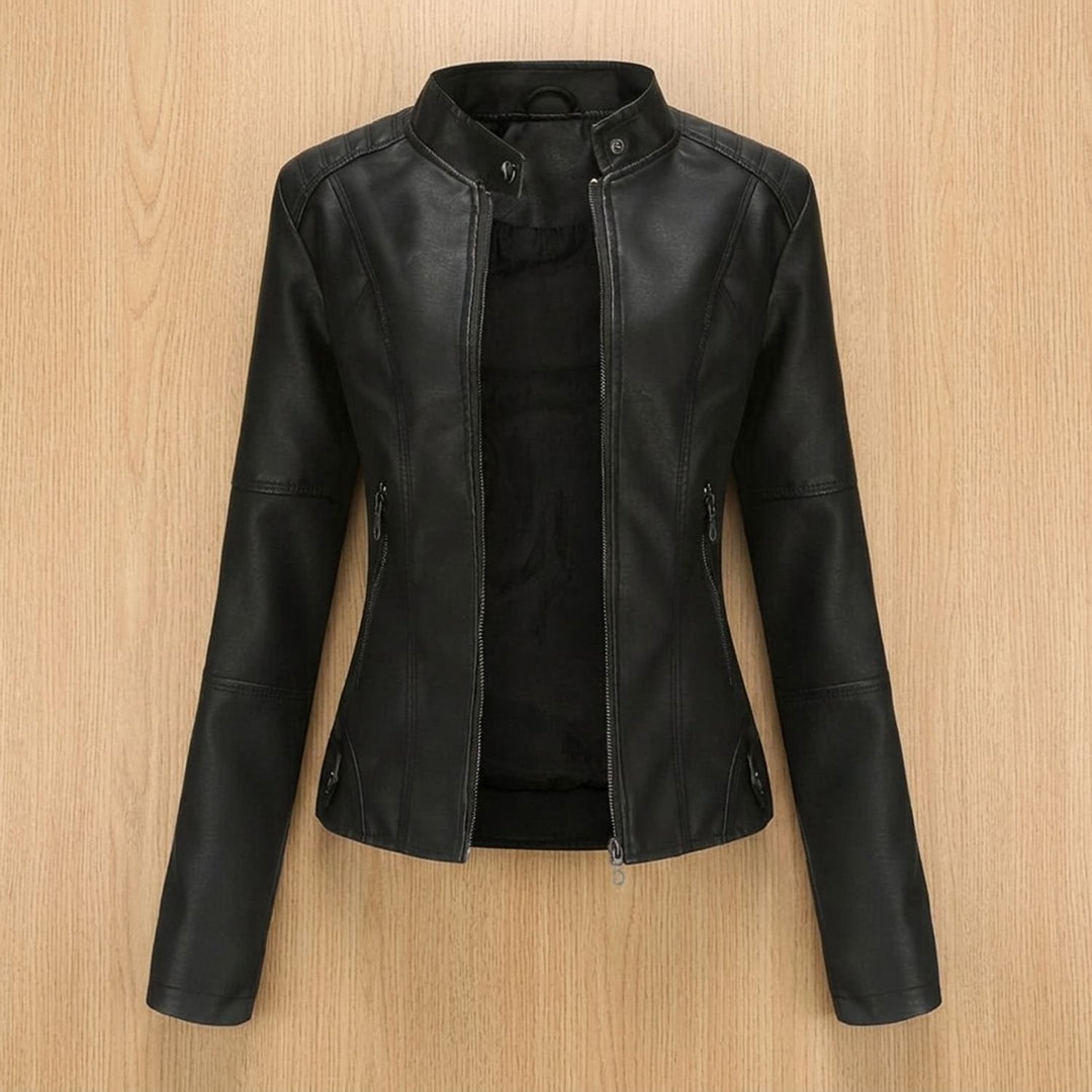 Damen Slim-Fit Kunstleder-Bikerjacke mit Reißverschluss - Schwarz